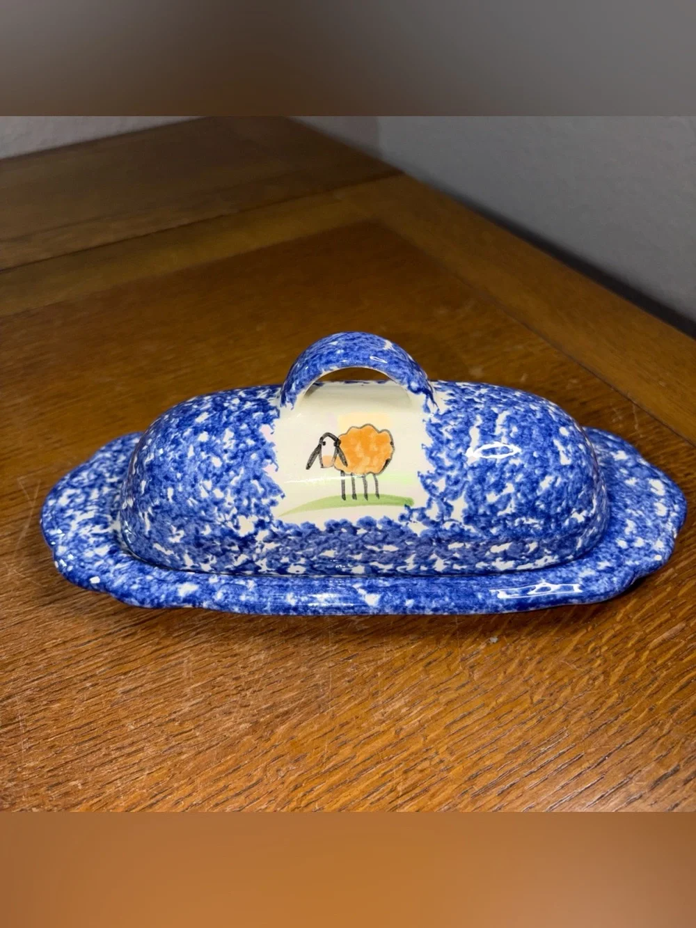 Molly Dallas Splatterware Butter Dish Blue With An Orange Sheep Signed